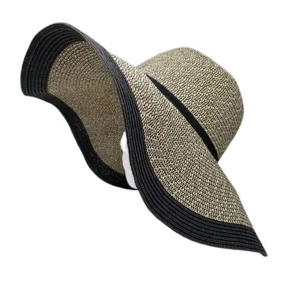 Floppy Wide Brim Sun Beach Hat Marled Black Natural Chevron Woven Paper Band - Picture 1 of 10